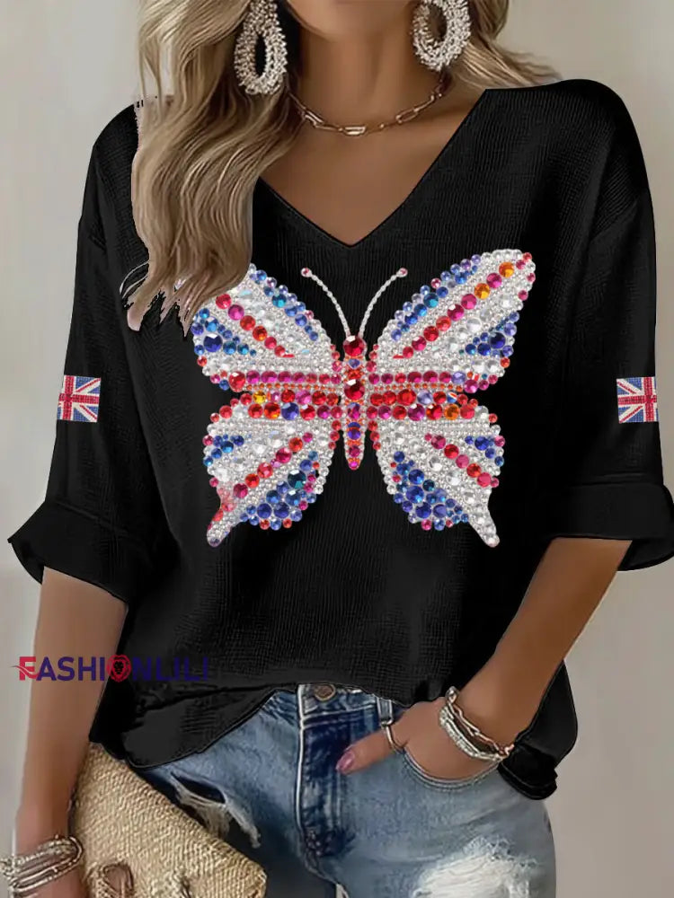 Women’s British imitation diamond hot-drilling Printed Casual T-shirt Black / S