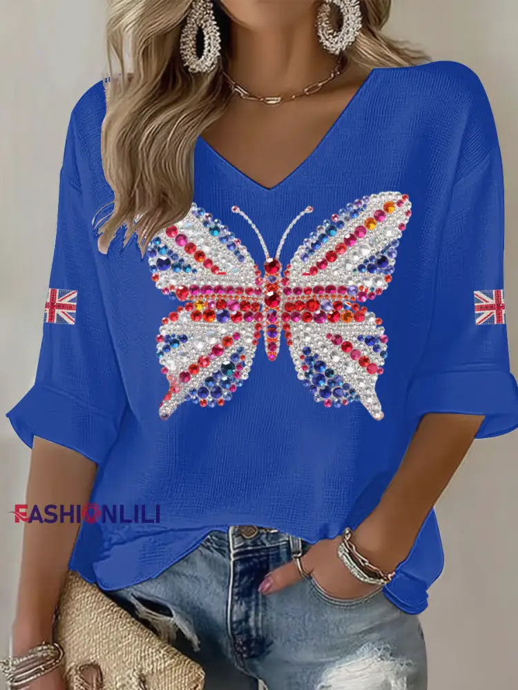 Women’s British imitation diamond hot-drilling Printed Casual T-shirt Blue / S