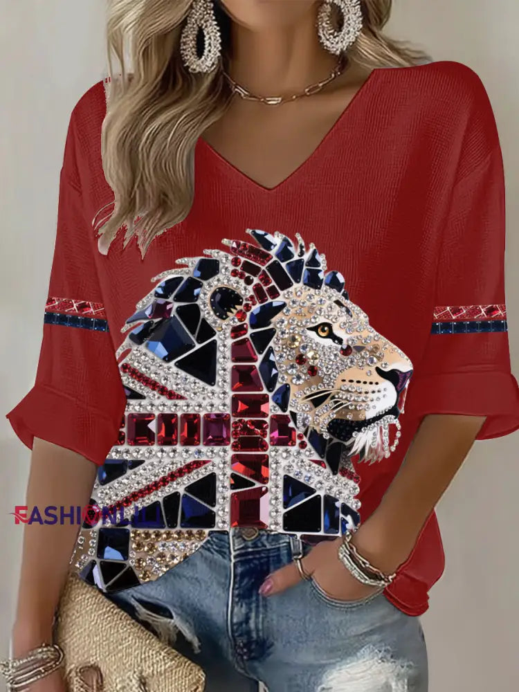 Women’s British imitation diamond hot-drilling Printed Casual T-shirt Red / S