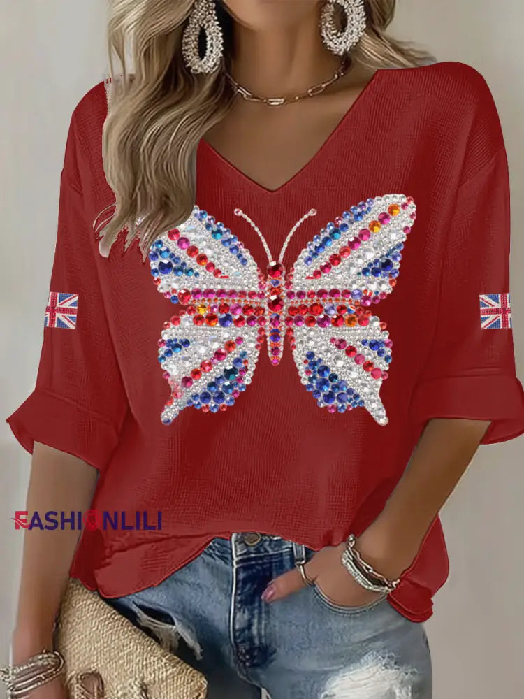Women’s British imitation diamond hot-drilling Printed Casual T-shirt Red / S