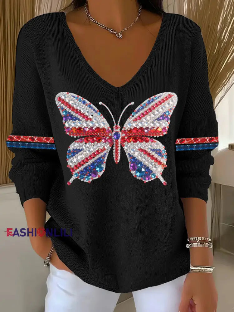 Women’s British imitation diamond hot-drilling Printed Casual Top Black / S