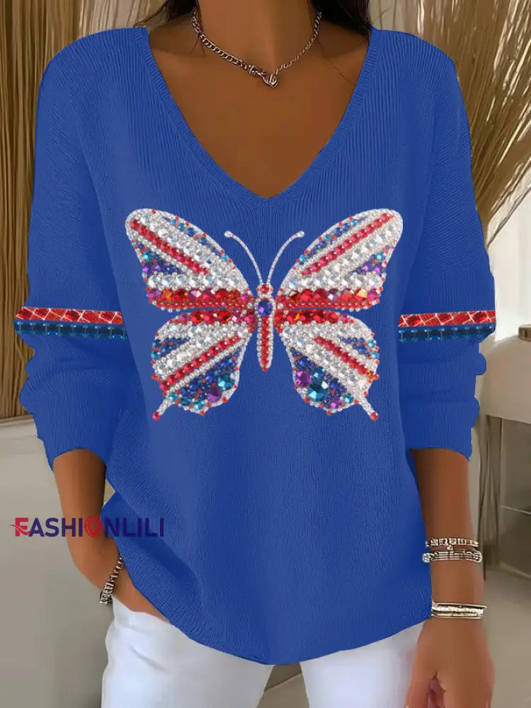 Women’s British imitation diamond hot-drilling Printed Casual Top Blue / S