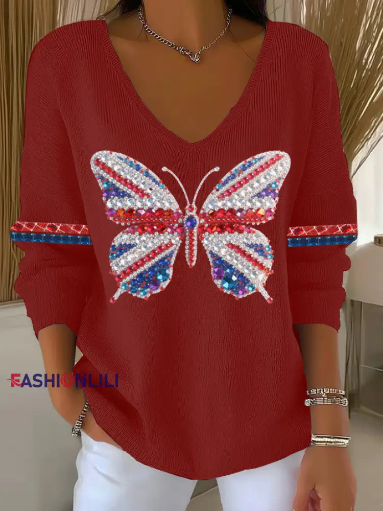 Women’s British imitation diamond hot-drilling Printed Casual Top Red / S