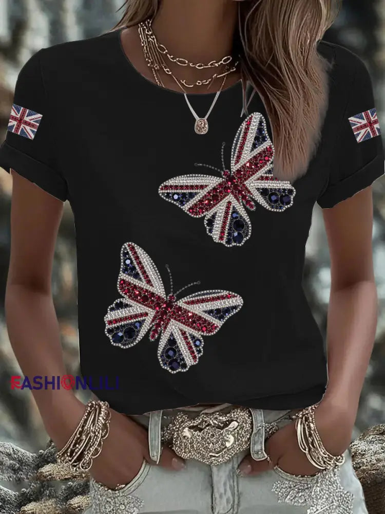 Women’s British imitation diamond hot drilling Printed Iron On Short Sleeve T Shirt Black / S