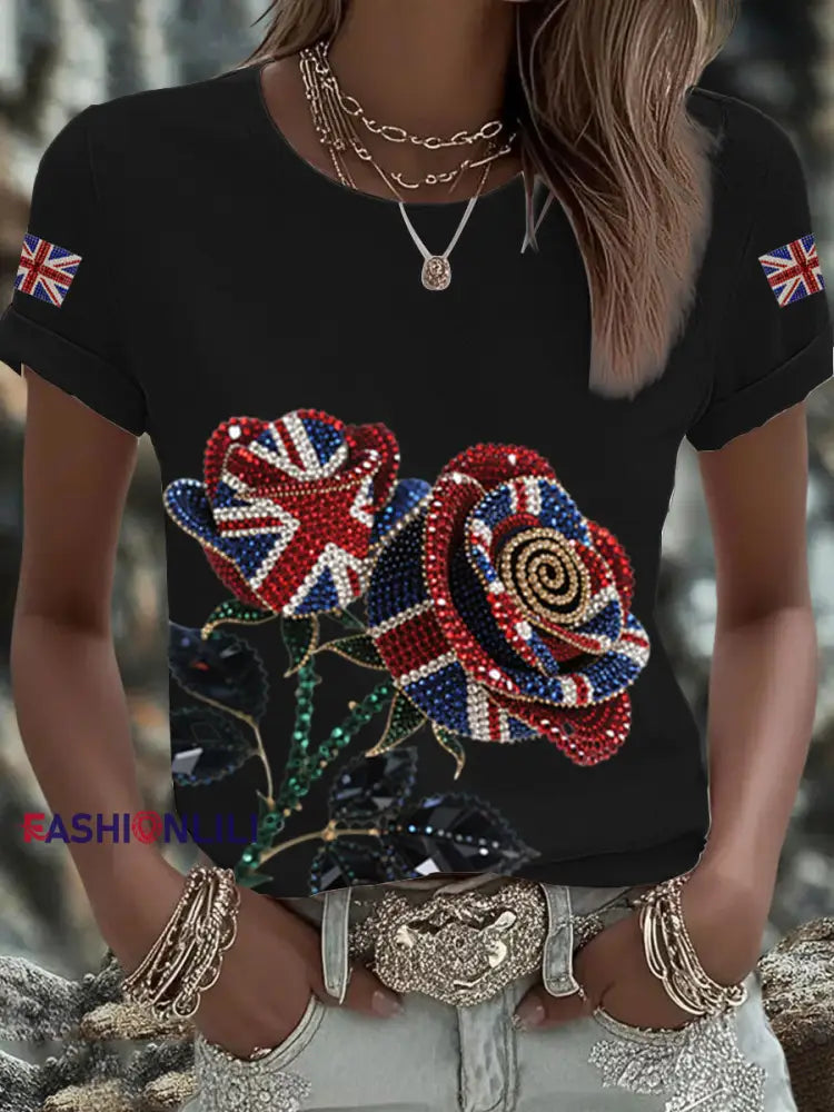 Women’s British imitation diamond hot drilling Printed Iron On Short Sleeve T Shirt Black / S