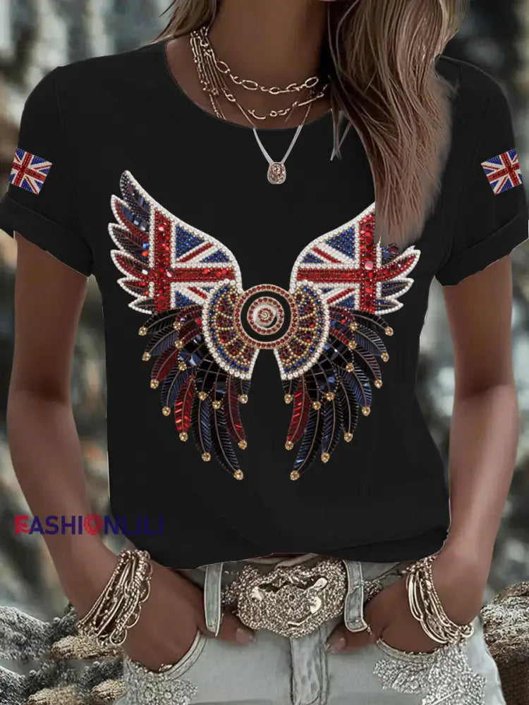 Women’s British imitation diamond hot drilling Printed Iron On Short Sleeve T Shirt Black / S