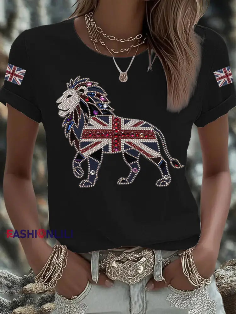 Women’s British imitation diamond hot drilling Printed Iron On Short Sleeve T Shirt Black / S