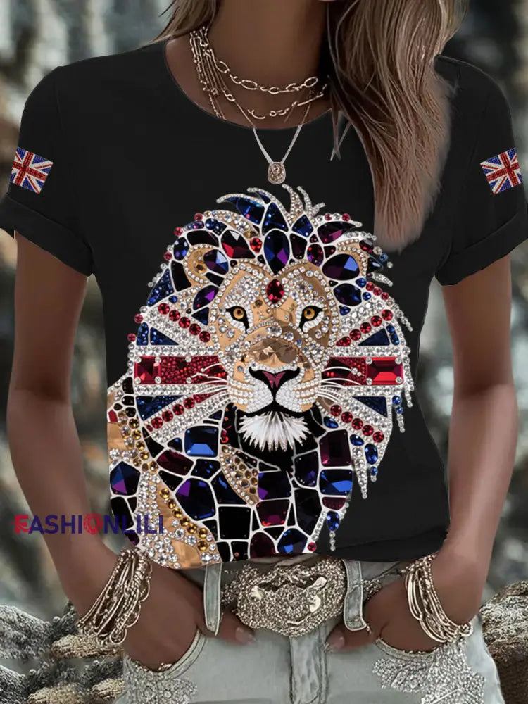 Women’s British imitation diamond hot-drilling Printed Iron On Short Sleeve T-Shirt Black / S