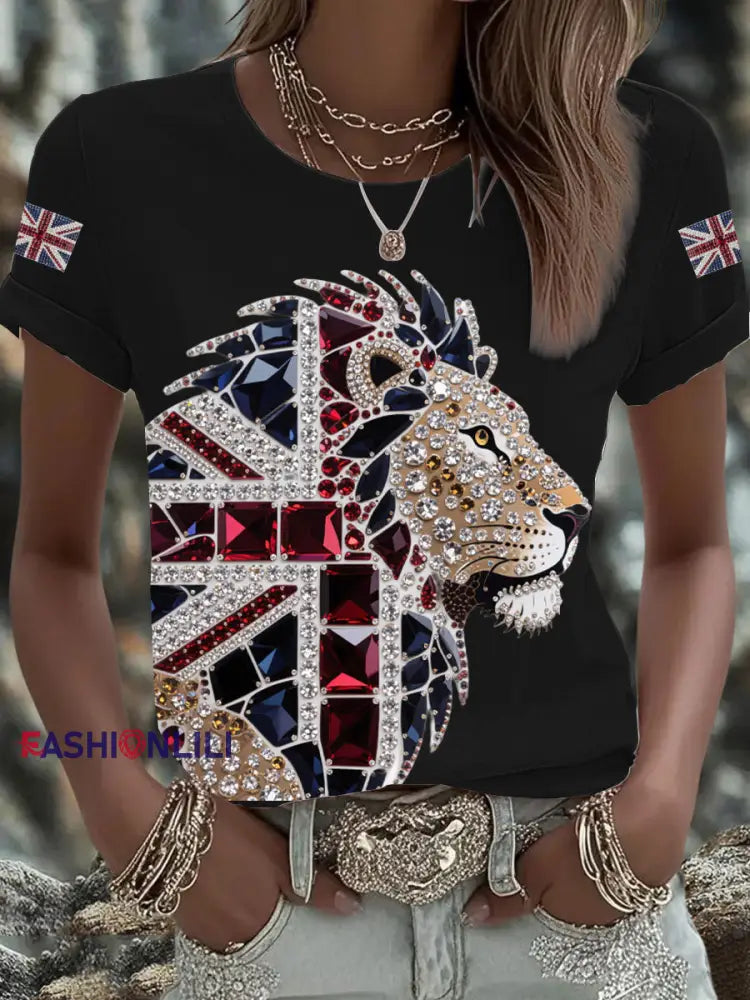 Women’s British imitation diamond hot drilling Printed Iron On Short Sleeve T Shirt Black / S