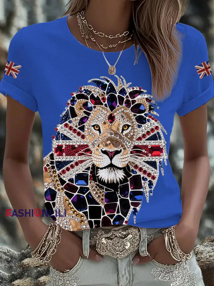 Women’s British imitation diamond hot-drilling Printed Iron On Short Sleeve T-Shirt Blue / S
