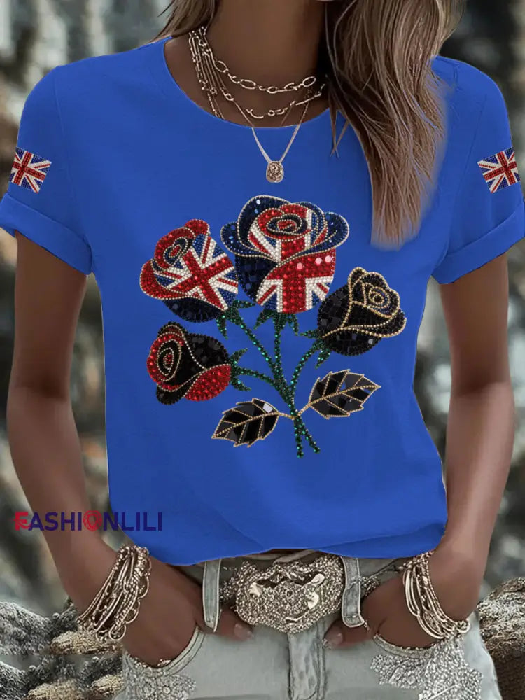 Women’s British imitation diamond hot drilling Printed Iron On Short Sleeve T Shirt Blue / S