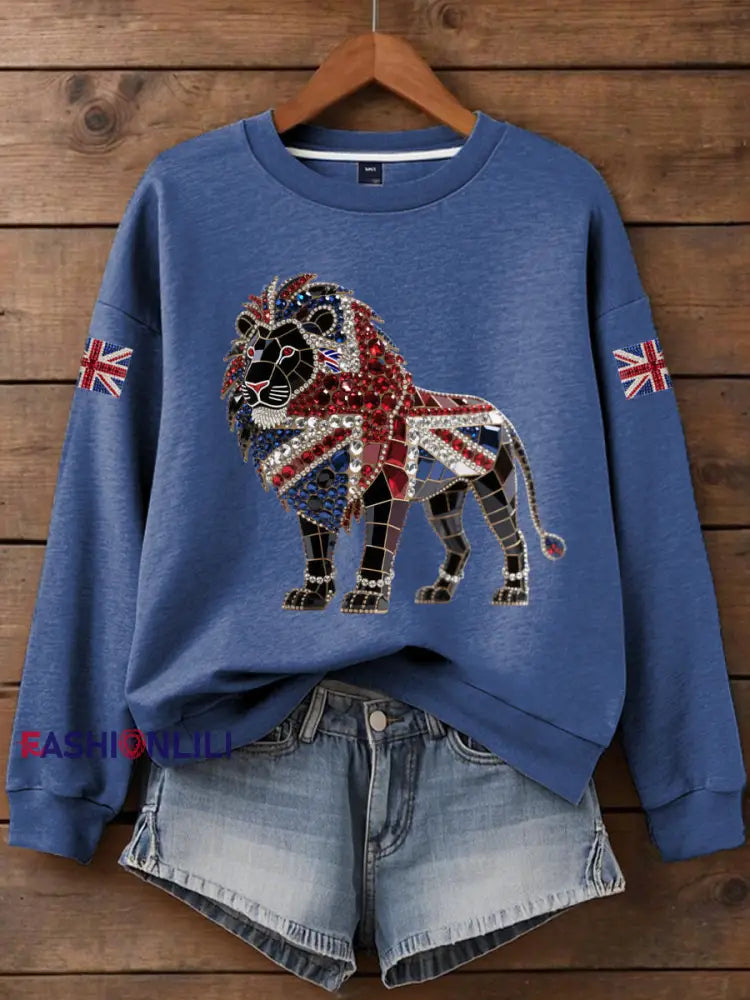 Women’s British imitation diamond hot drilling Printed Iron On Short Sleeve T Shirt Blue / S
