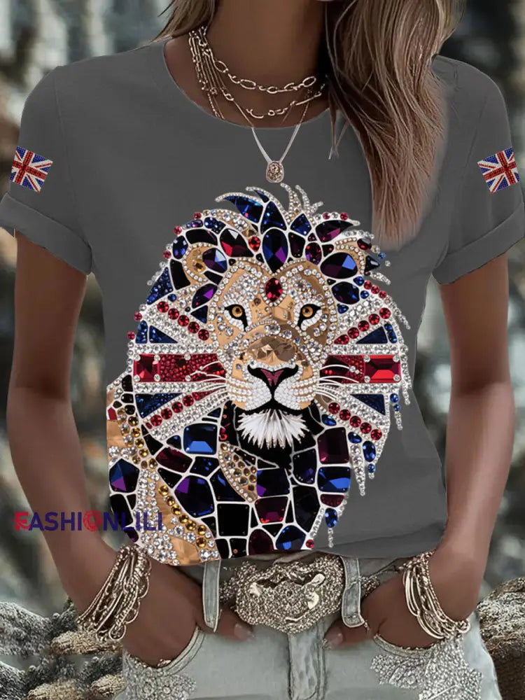 Women’s British imitation diamond hot-drilling Printed Iron On Short Sleeve T-Shirt Dark Gray / S