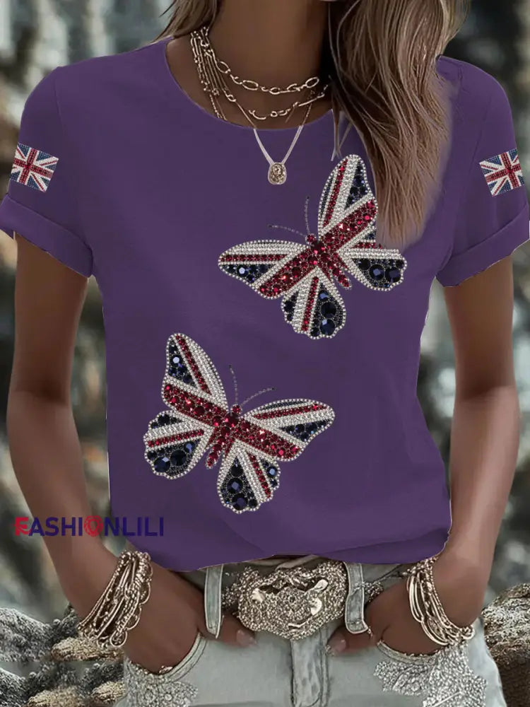 Women’s British imitation diamond hot drilling Printed Iron On Short Sleeve T Shirt Deep Purple / S
