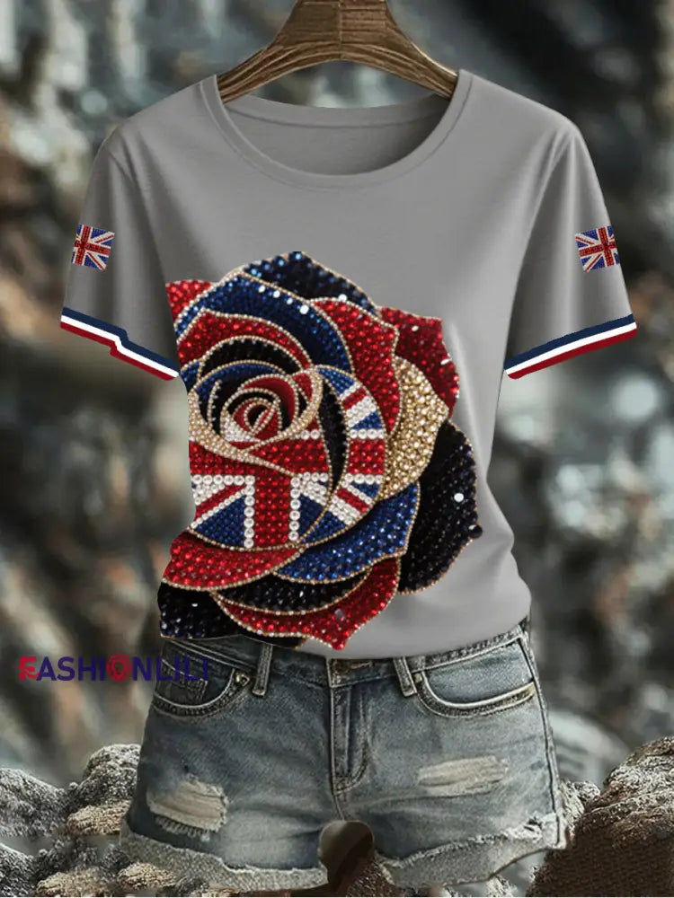 Women’s British imitation diamond hot drilling Printed Iron On Short Sleeve T Shirt Gray / S