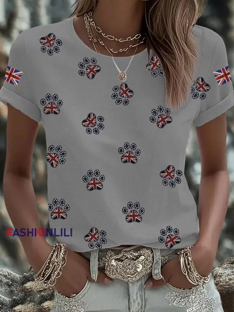 Women’s British imitation diamond hot drilling Printed Iron On Short Sleeve T Shirt Light Gray / S