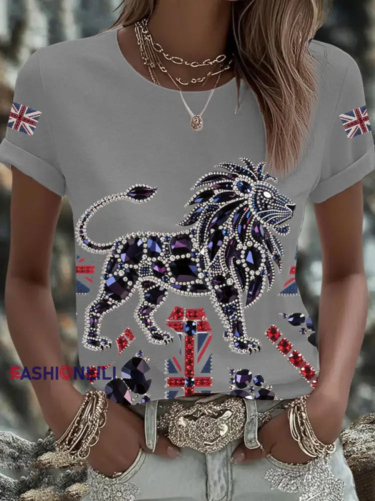 Women’s British imitation diamond hot drilling Printed Iron On Short Sleeve T Shirt Light Gray / S