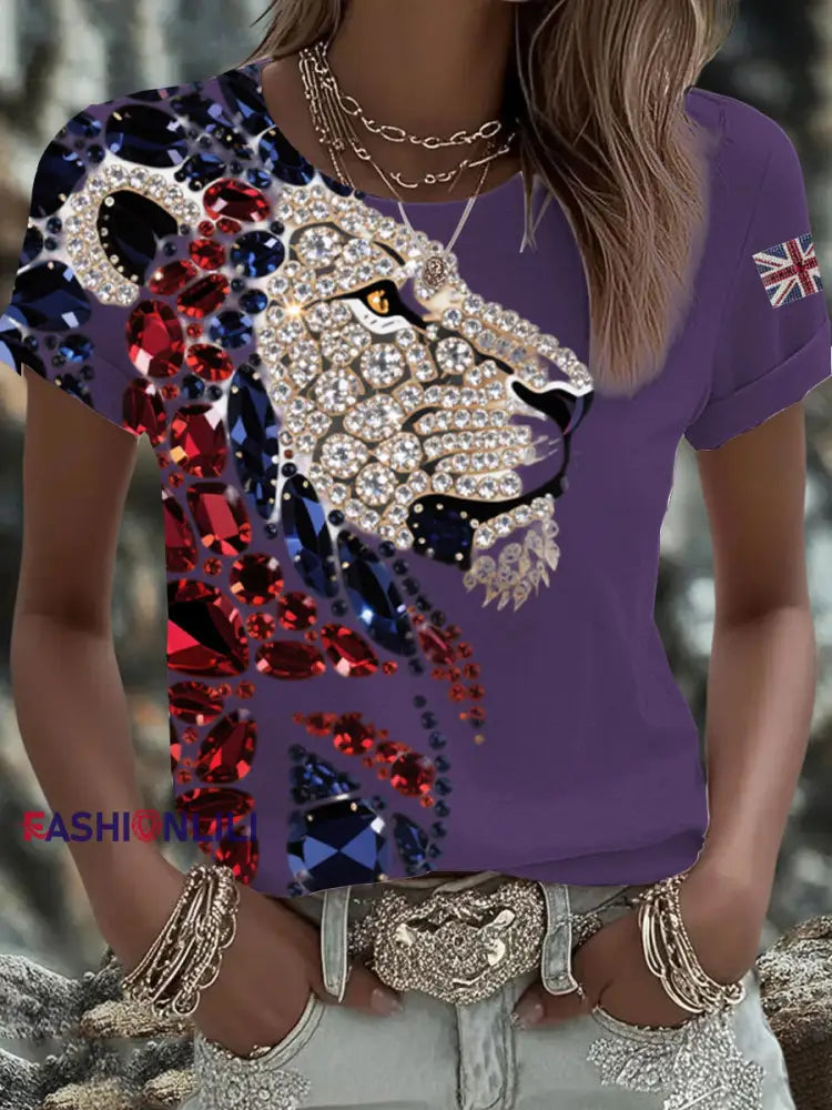 Women’s British imitation diamond hot drilling Printed Iron On Short Sleeve T Shirt Light Gray / S