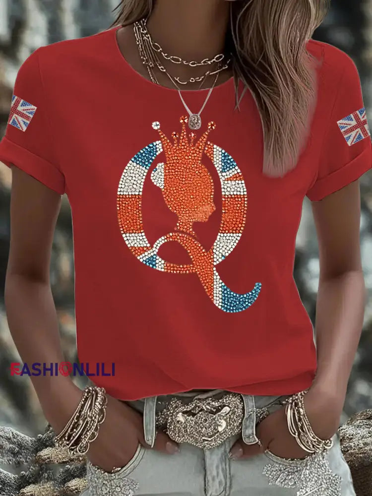 Women’s British imitation diamond hot drilling Printed Iron On Short Sleeve T Shirt Red / S