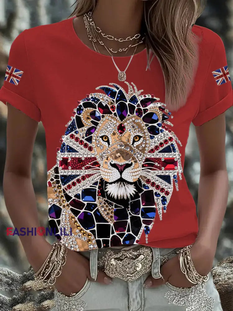 Women’s British imitation diamond hot-drilling Printed Iron On Short Sleeve T-Shirt Red / S