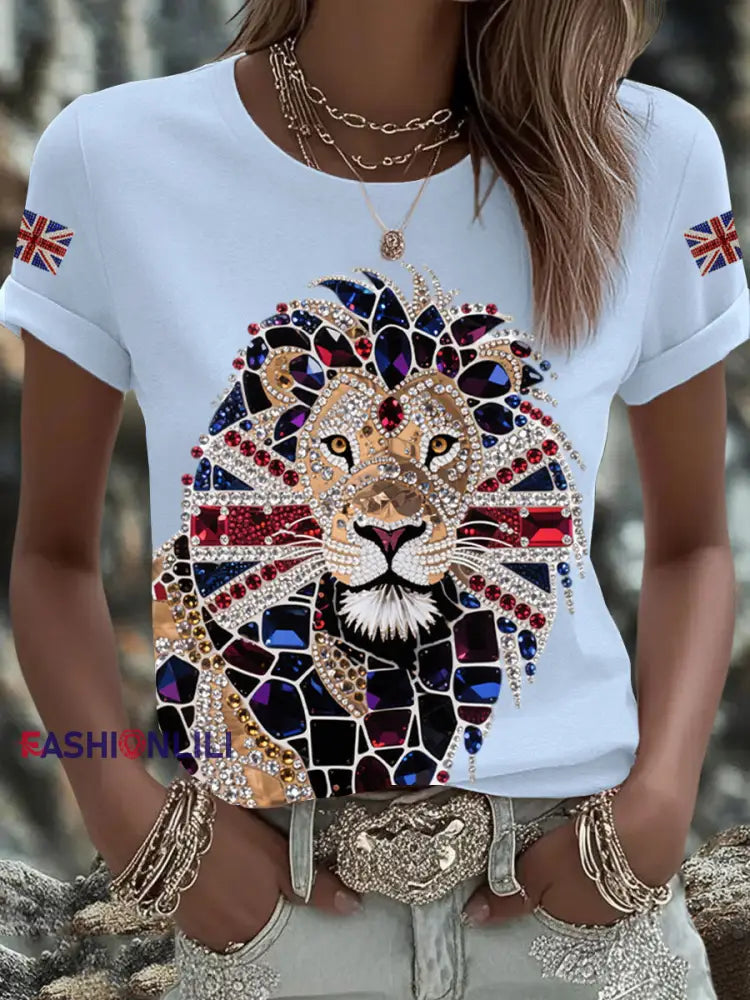 Women’s British imitation diamond hot-drilling Printed Iron On Short Sleeve T-Shirt Sky Blue / S