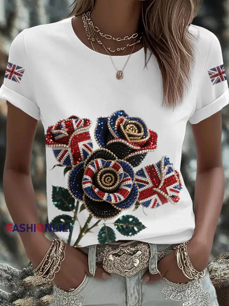 Women’s British imitation diamond hot drilling Printed Iron On Short Sleeve T Shirt White / S