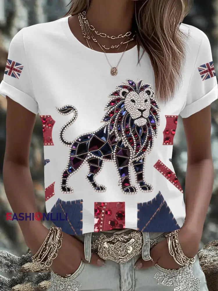 Women’s British imitation diamond hot drilling Printed Iron On Short Sleeve T Shirt White / S
