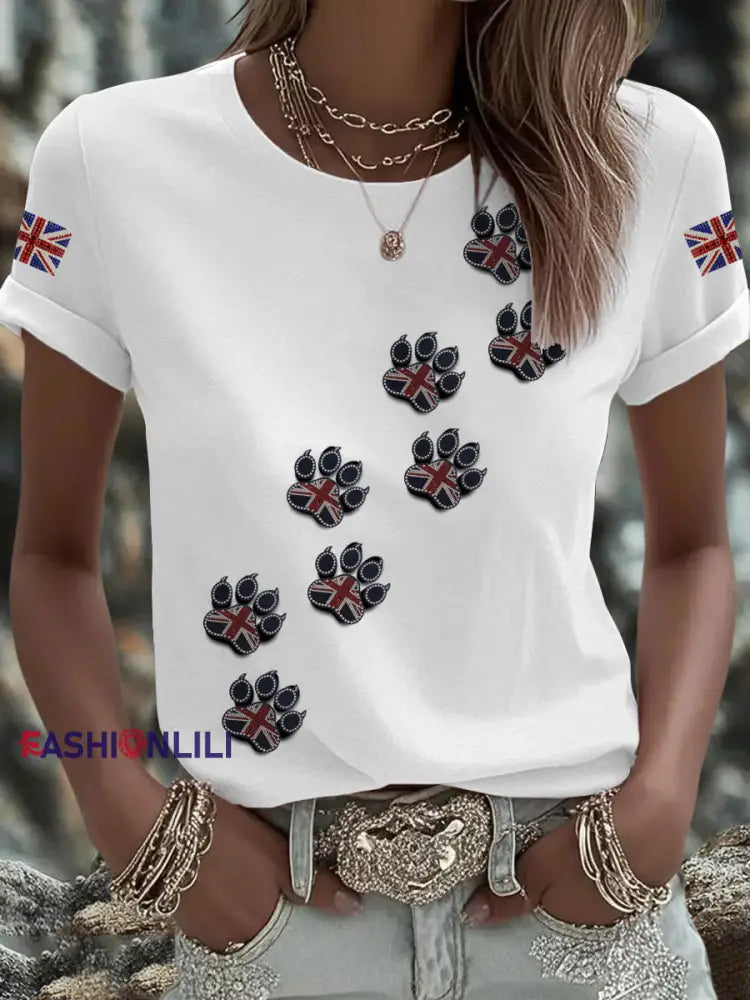 Women’s British imitation diamond hot drilling Printed Iron On Short Sleeve T Shirt White / S