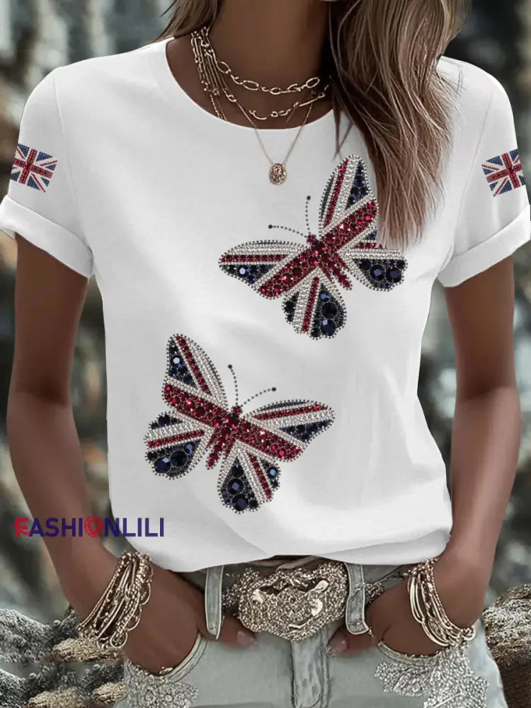Women’s British imitation diamond hot drilling Printed Iron On Short Sleeve T Shirt White / S