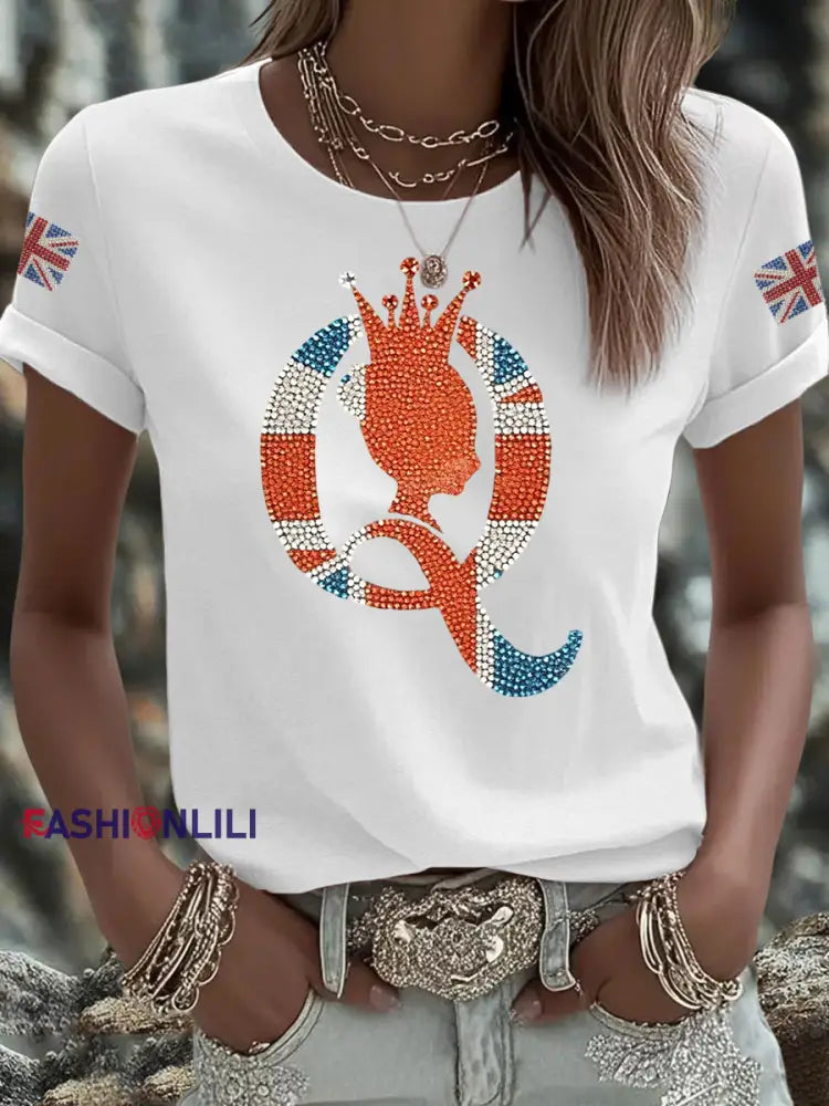 Women’s British imitation diamond hot drilling Printed Iron On Short Sleeve T Shirt White / S