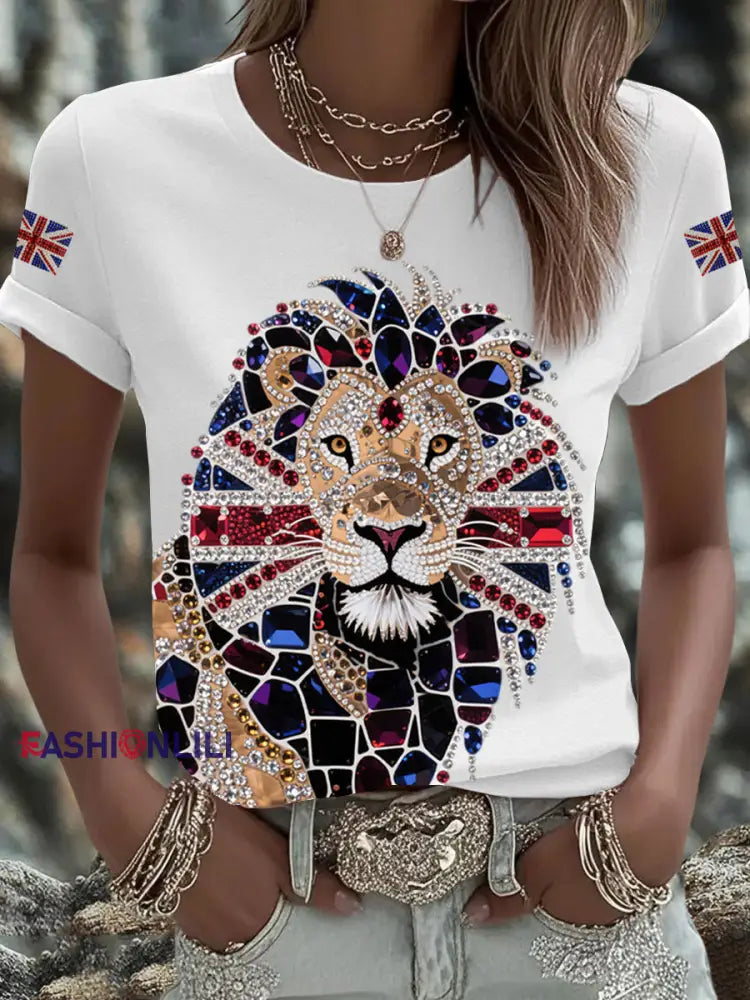 Women’s British imitation diamond hot-drilling Printed Iron On Short Sleeve T-Shirt White / S