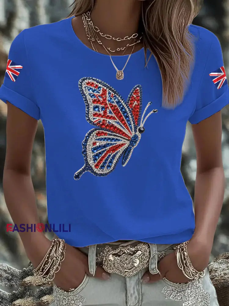 Women’s British imitation diamond hot drilling Printed short sleeved T shirt Blue / S