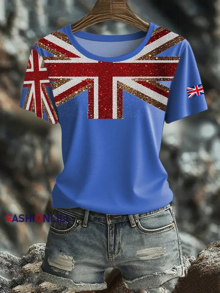 Women’s British imitation diamond hot drilling Printed short sleeved T shirt Blue / S