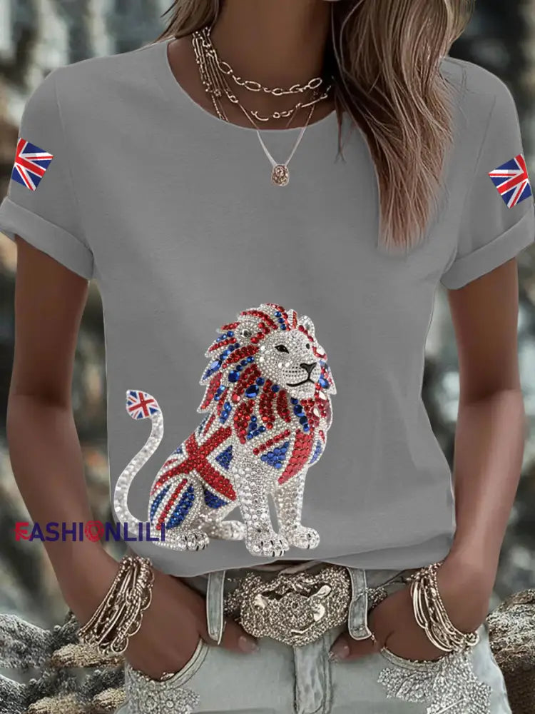 Women’s British imitation diamond hot drilling Printed short sleeved T shirt Light Gray / S