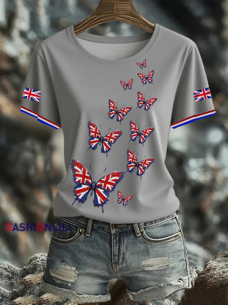 Women’s British imitation diamond hot drilling Printed short sleeved T shirt Light Gray / S