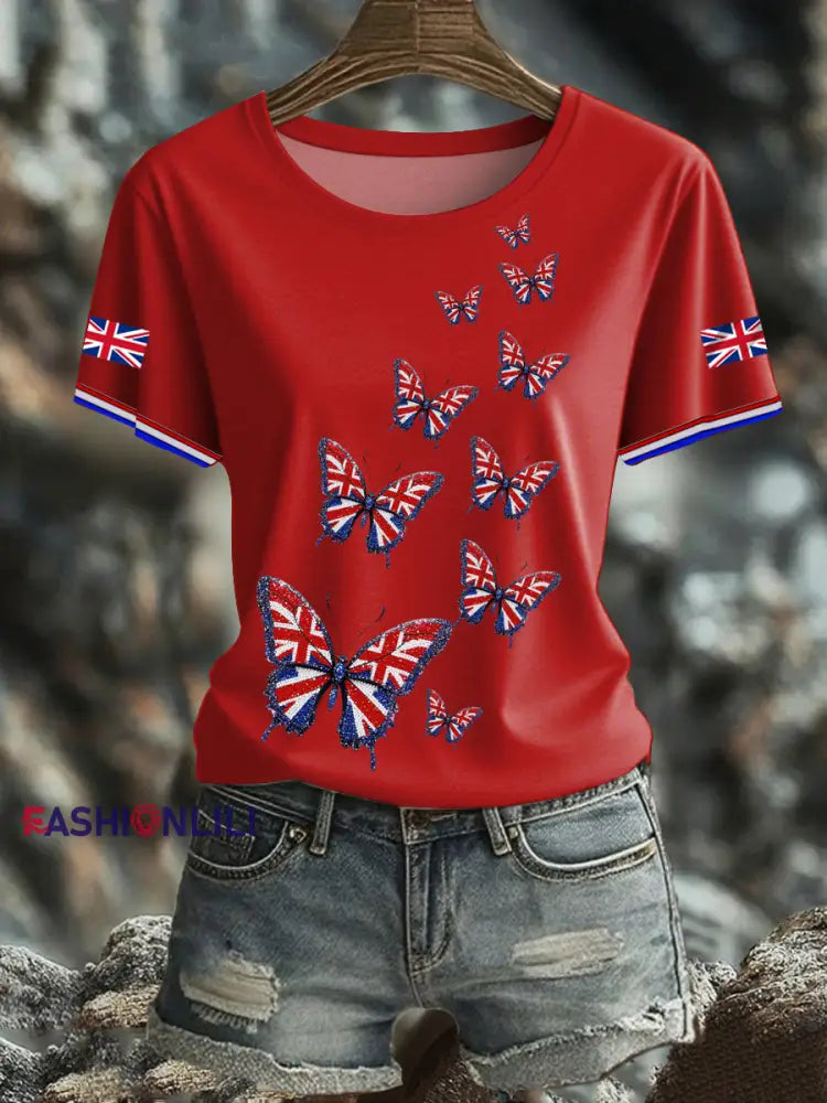 Women’s British imitation diamond hot drilling Printed short sleeved T shirt Red / S