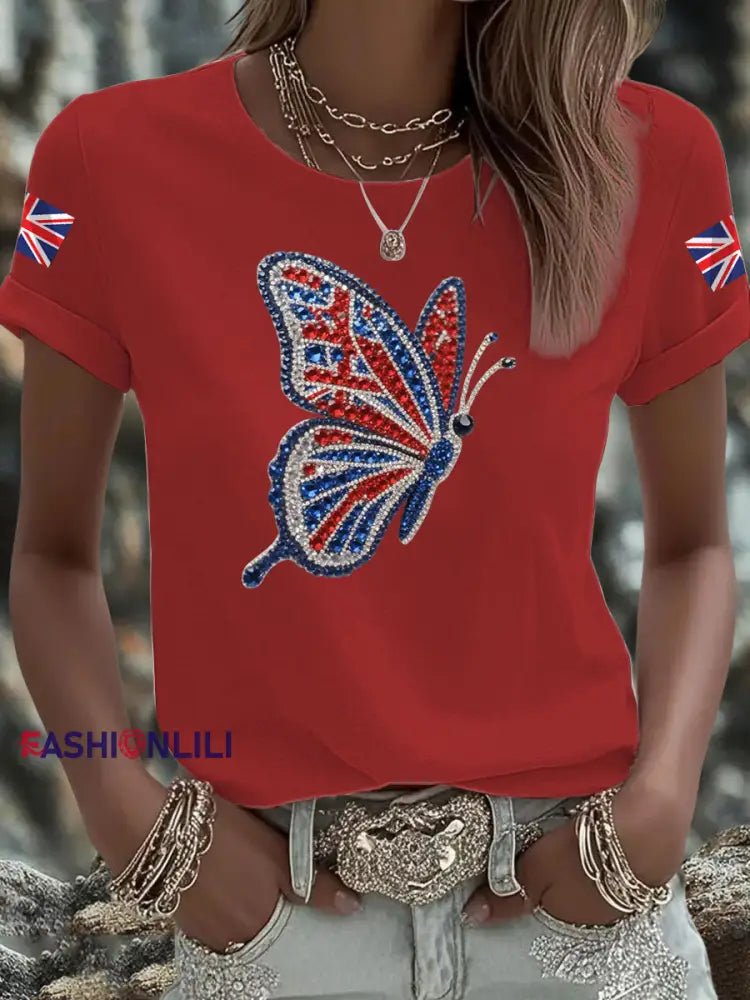 Women’s British imitation diamond hot drilling Printed short sleeved T shirt Red / S