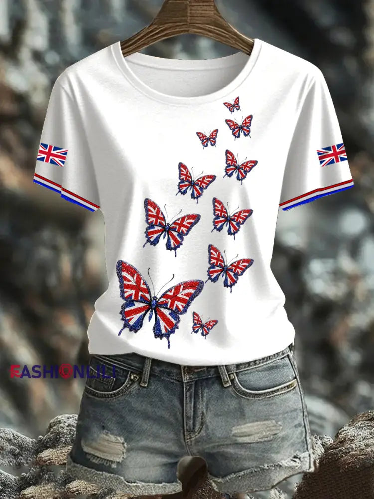 Women’s British imitation diamond hot drilling Printed short sleeved T shirt White / S
