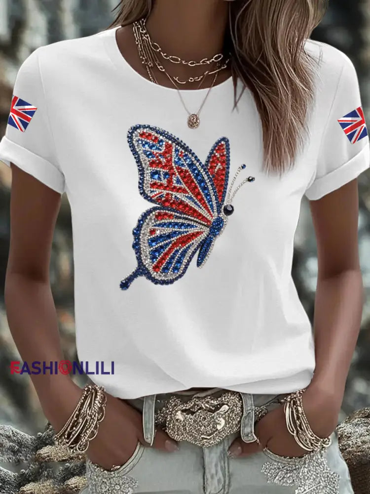 Women’s British imitation diamond hot drilling Printed short sleeved T shirt White / S