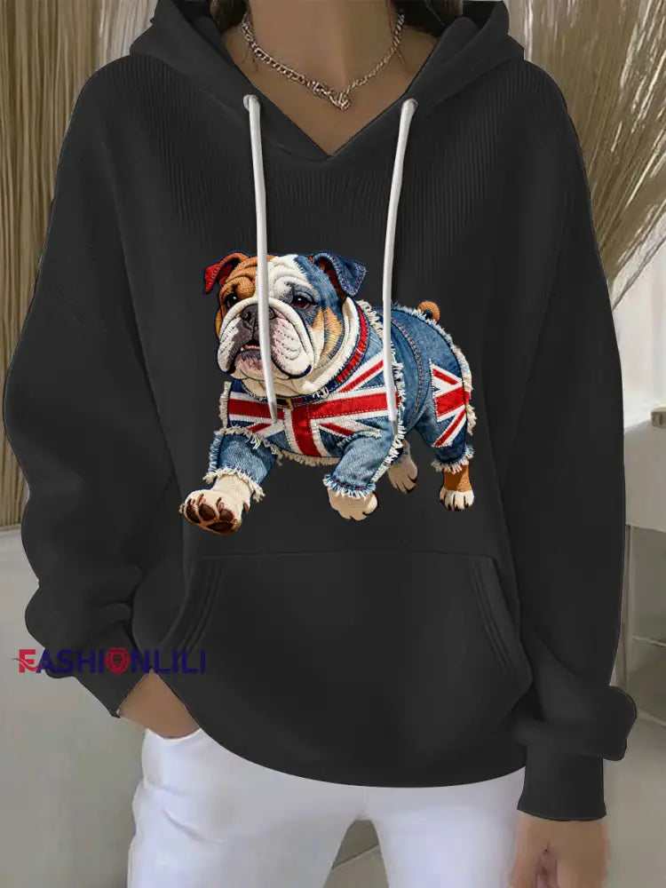 Women’s British Style Bulldog Print Casual Hoodie Black / S