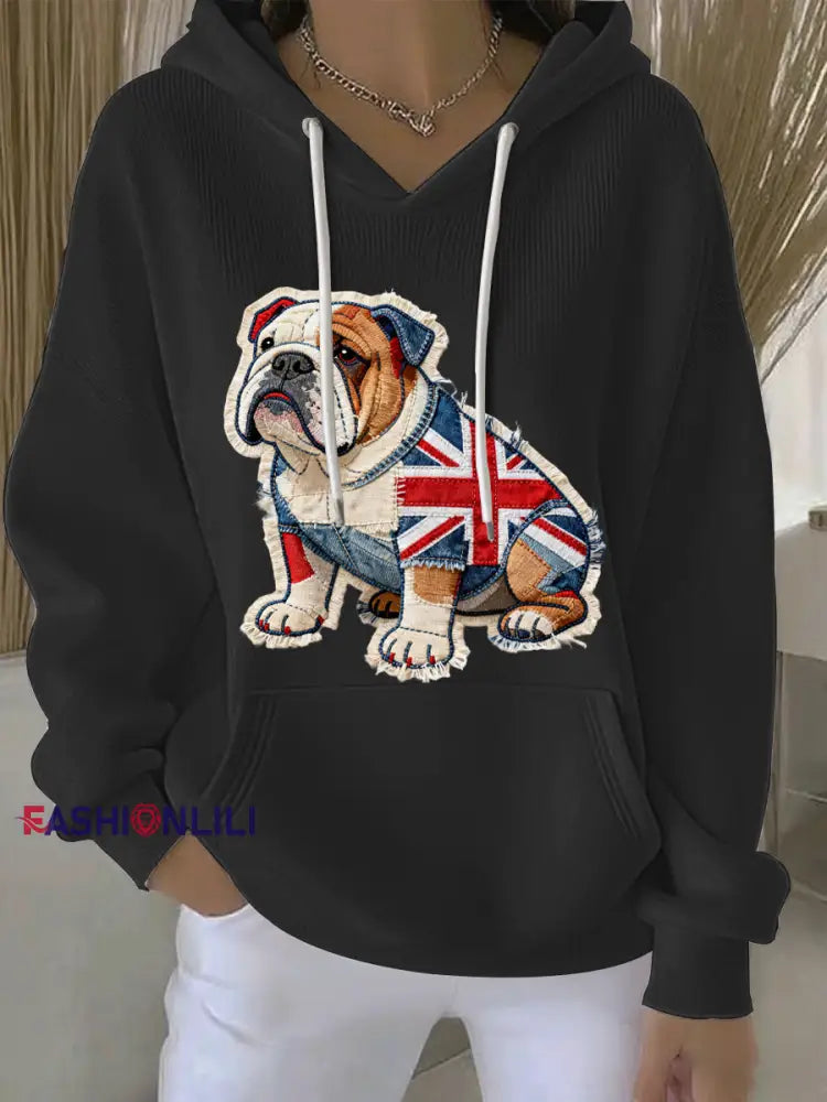 Women’s British Style Bulldog Print Casual Hoodie Black / S