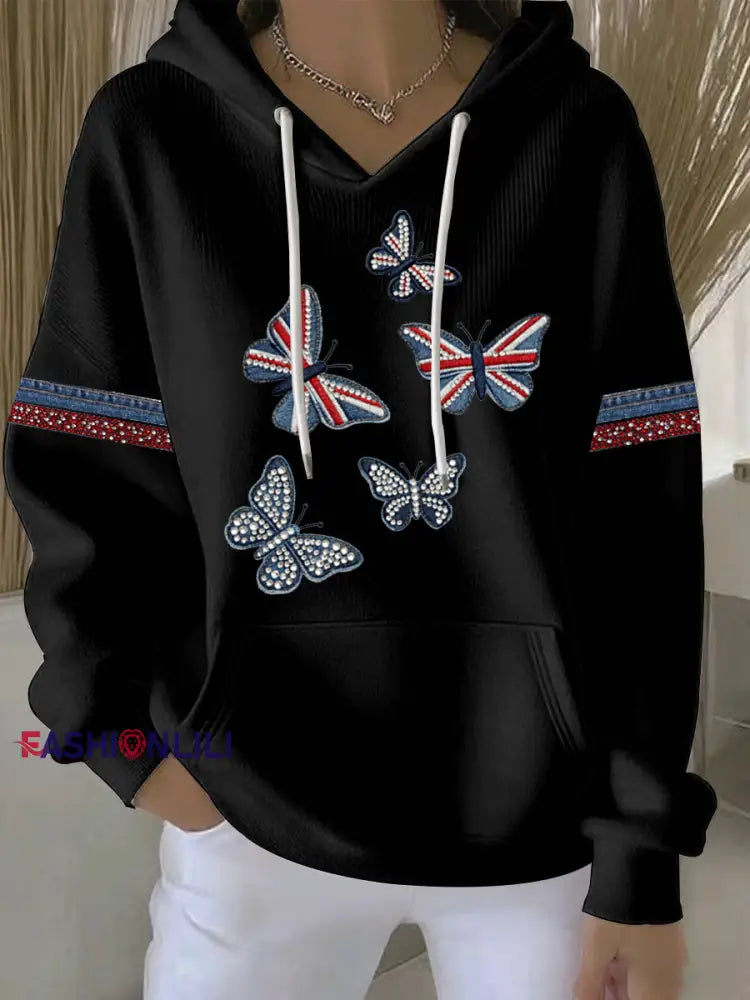 Women’s British style imitation denim rhinestone hot-drill Print Casual Hoodie Black / S