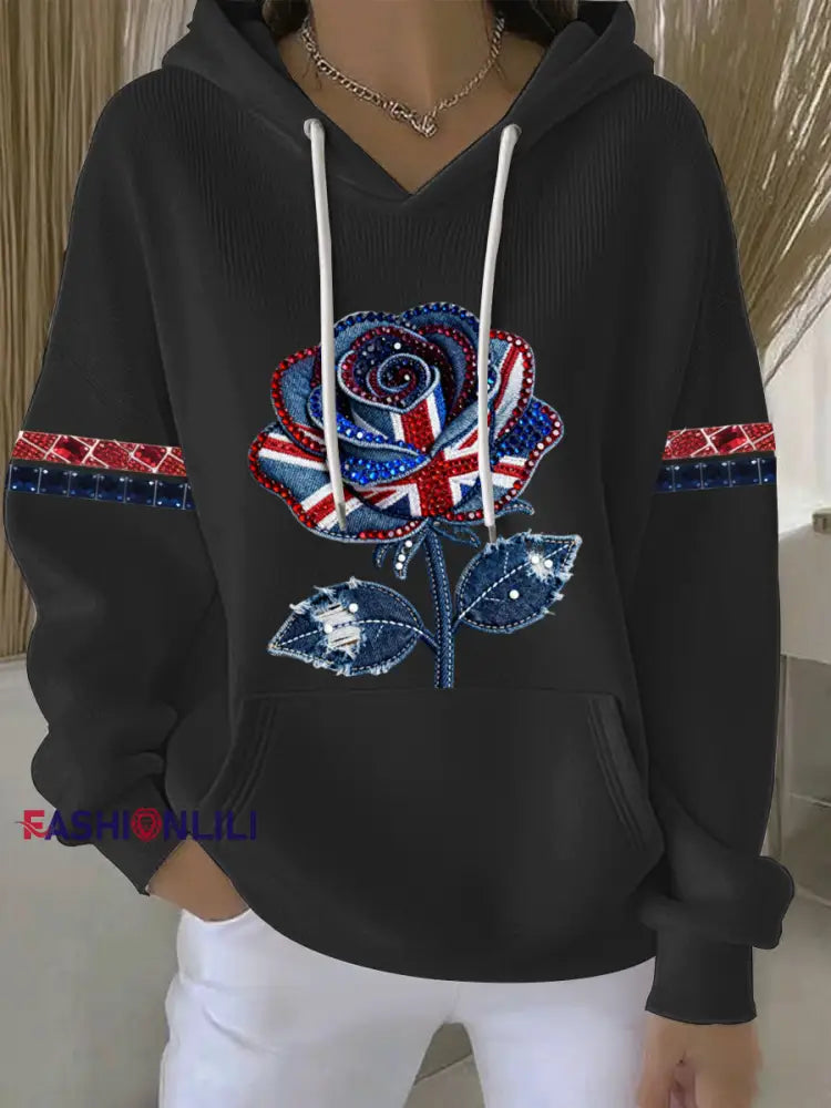 Women’s British style imitation denim rhinestone hot-drill Print Casual Hoodie Black / S