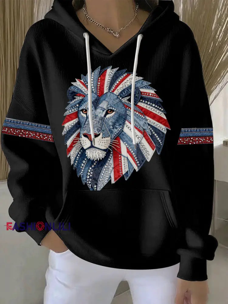Women’s British style imitation denim rhinestone hot-drill print casual hoodie Black / S