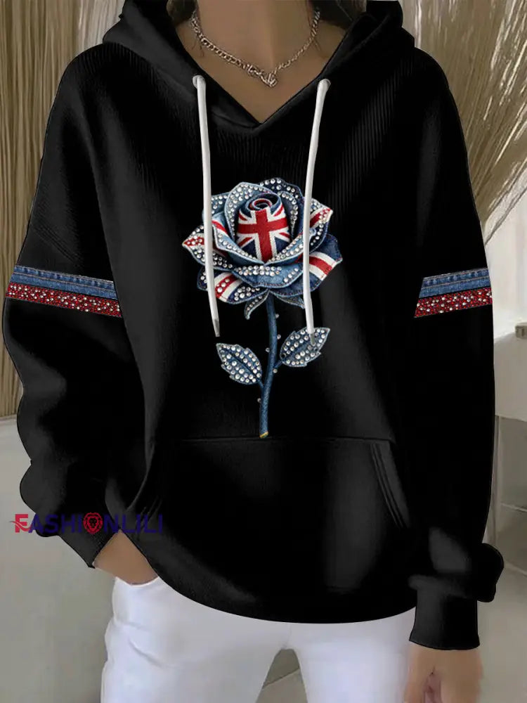 Women’s British style imitation denim rhinestone hot-drill Print Casual Hoodie Black / S