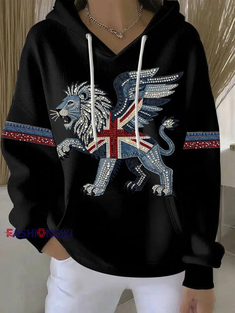 Women’s British style imitation denim rhinestone hot-drill print casual hoodie Black / S