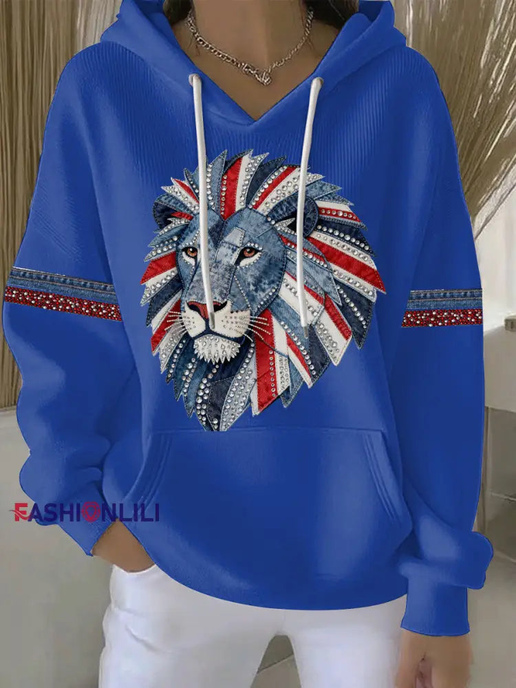 Women’s British style imitation denim rhinestone hot-drill print casual hoodie Blue / S