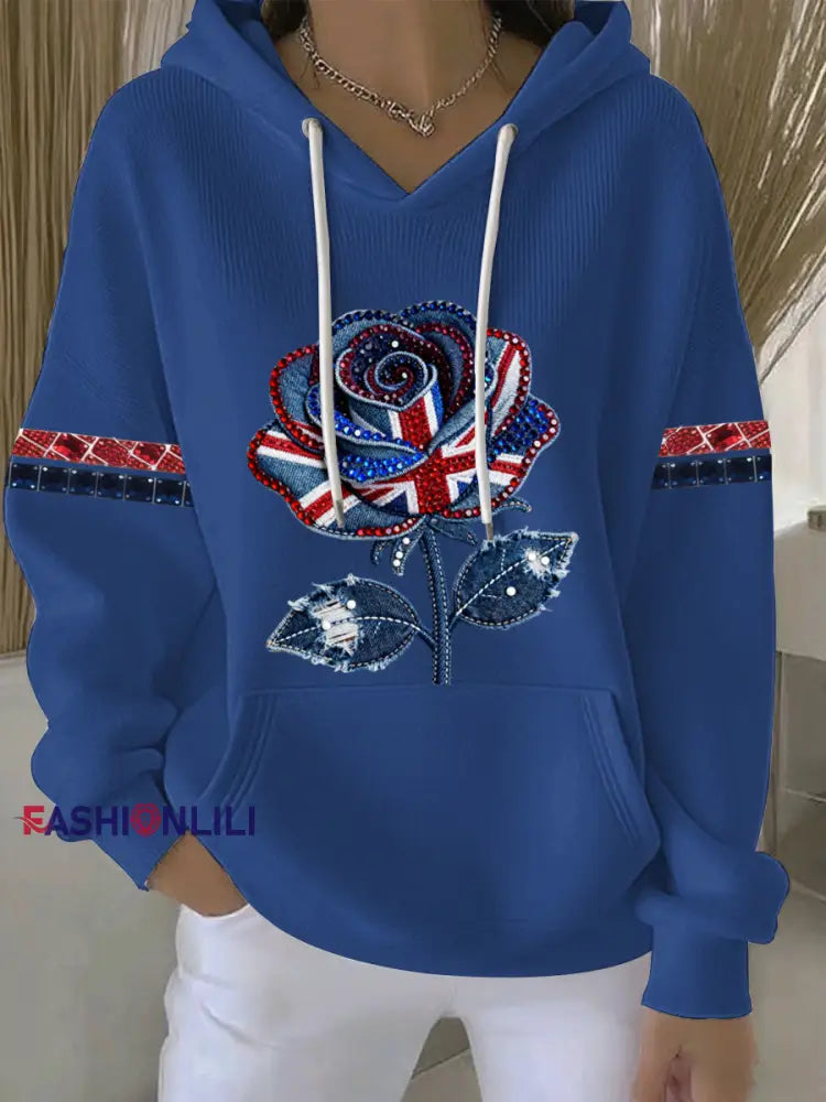 Women’s British style imitation denim rhinestone hot-drill Print Casual Hoodie Blue / S