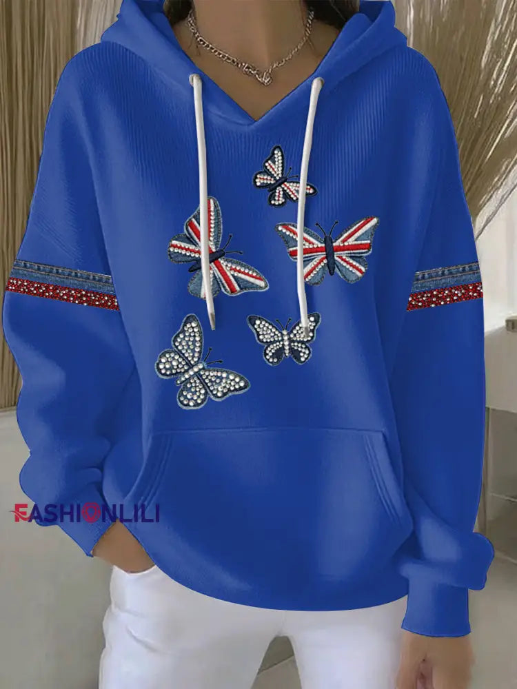 Women’s British style imitation denim rhinestone hot-drill Print Casual Hoodie Blue / S