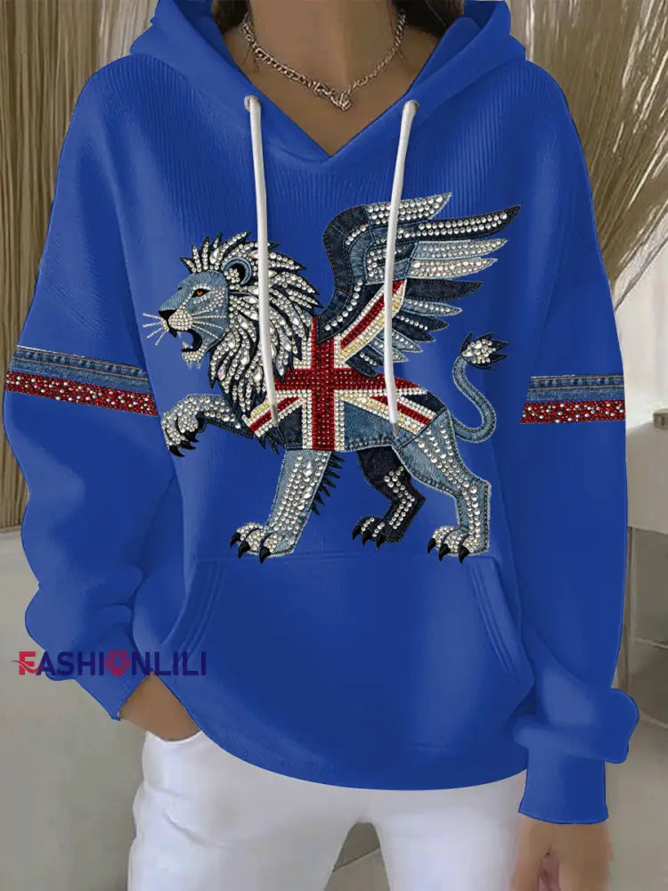 Women’s British style imitation denim rhinestone hot-drill print casual hoodie Blue / S